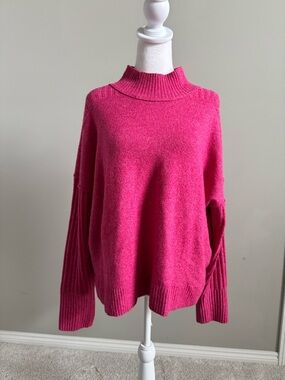 Relaxed Lightweight Cowl-Neck Sweater in Hot Pink with Ribbed Sleeves